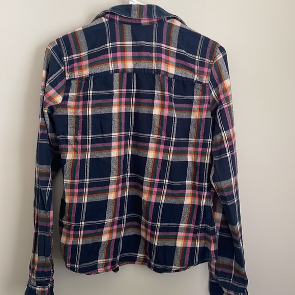 Hollister Plaid Navy Pink White Yellow Teal Flannel long sleeve button down- M - Picture 2 of 9